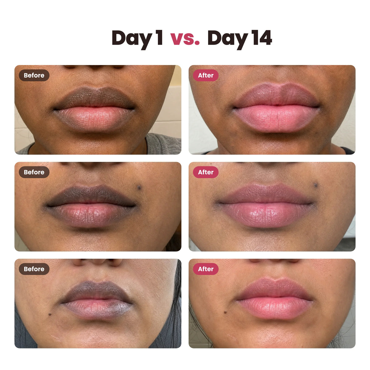 Day 1 vs. Day 14: three women, before and after Forever Pink Lip Essence