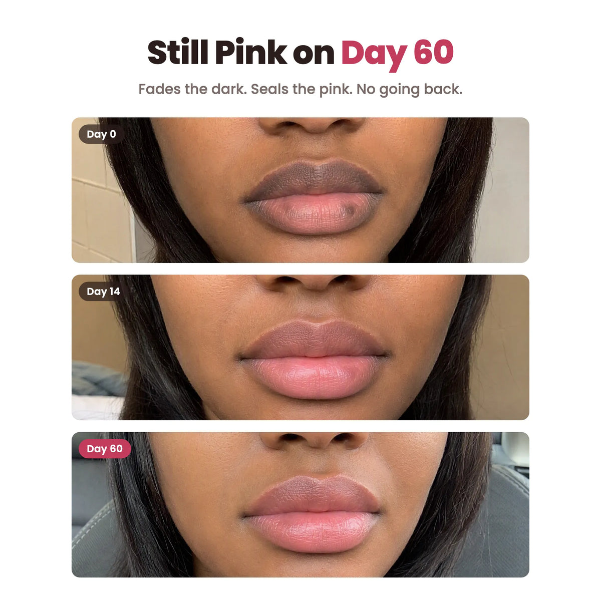 Still pink on Day 60: Day 0, Day 14, Day 60
