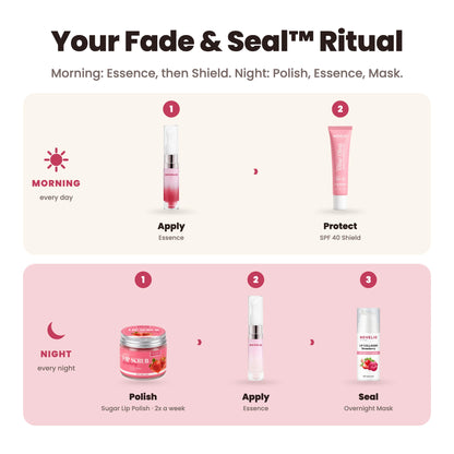 Your Fade & Seal™ Ritual: morning Essence and Shield, night Polish, Essence and Mask